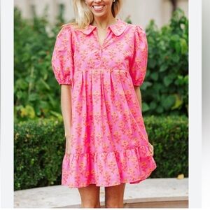 Pink Floral Collared Puff-Sleeve Dress